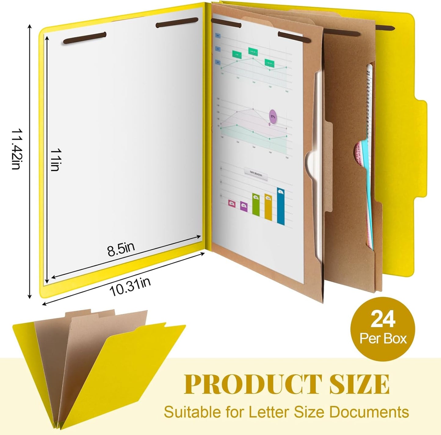 24 Pcs Classification Folders Letter Size, Back to School Supply for Teacher, Student, 2 Pocket Dividers Pressboard File Folder Bulk with 2 Fasteners, 2 in Expanding File Organizer (Yellow)
