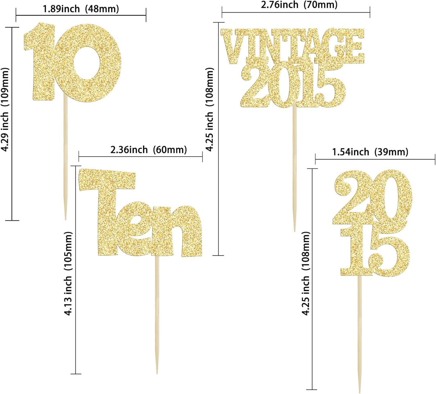 Gyufise 24Pcs Double Digits 10 Cupcake Toppers Glitter Ten Vintage 2015 10th Birthday Cupcake Picks Hello 10 Years Birthday Cake Decorations for Happy 10th Birthday Anniversary Party Supplies Gold