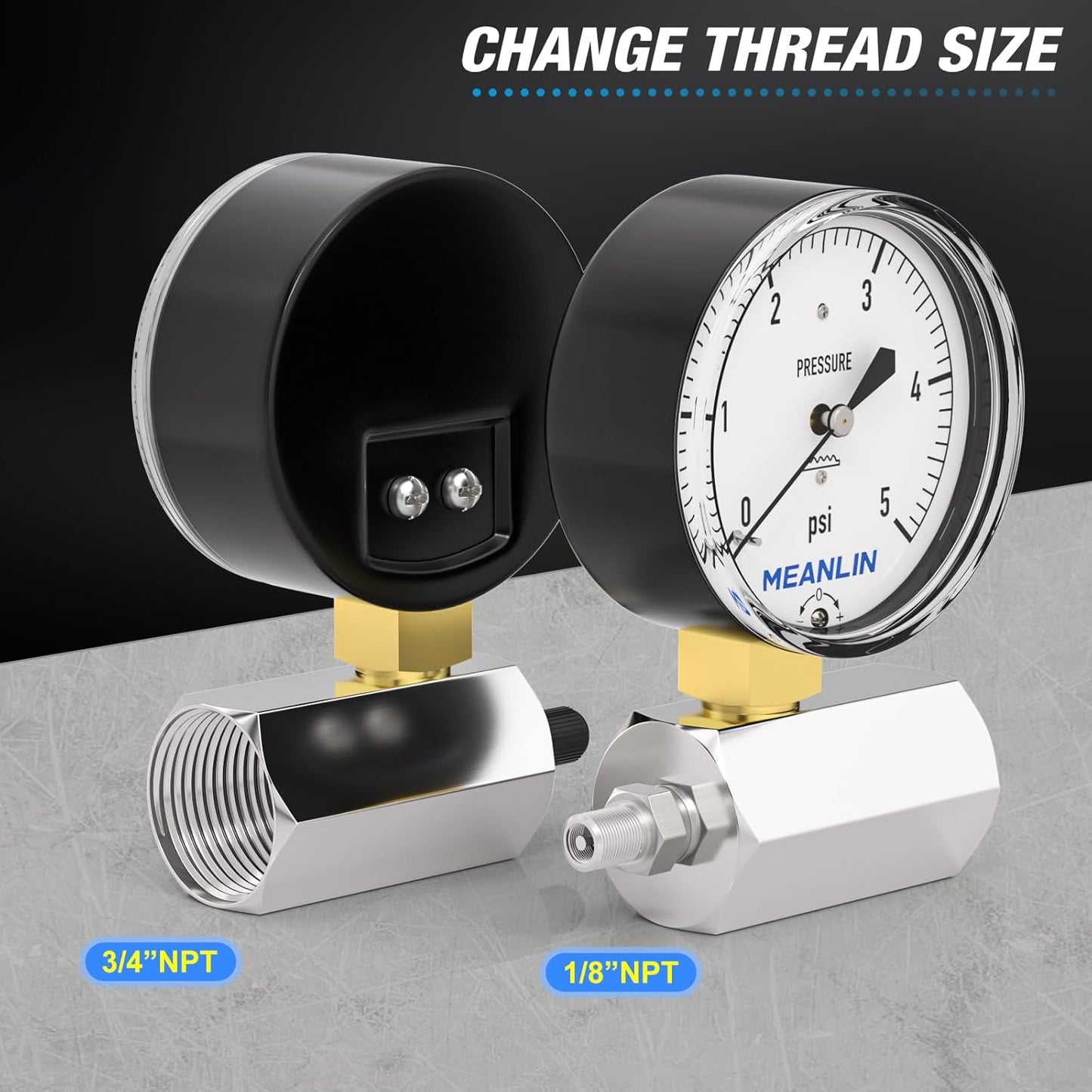 MEANLIN MEASURE 0-5Psi Diaphragm Type Capsule Low Pressure Gauge with 3/4" FNPT Connection Valve, 2-1/2" FACE DIAL Adjustable Air Test Pressure Gauge