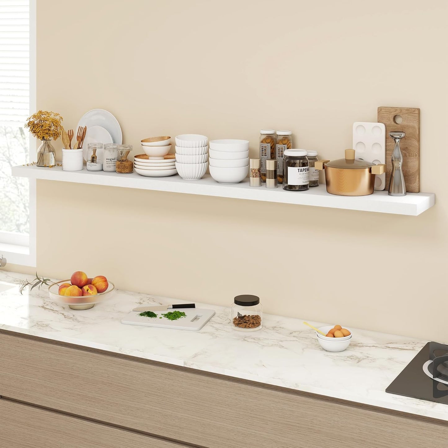 72 Inch Floating Shelves, 9.3" Deep Floating Shelf Wall Mounted, 72" Wall Shelves, Rustic Deep Bookshelf, Large Display Shelves & Storage Shelves for Bedroom, Living Room, White, Set of 1