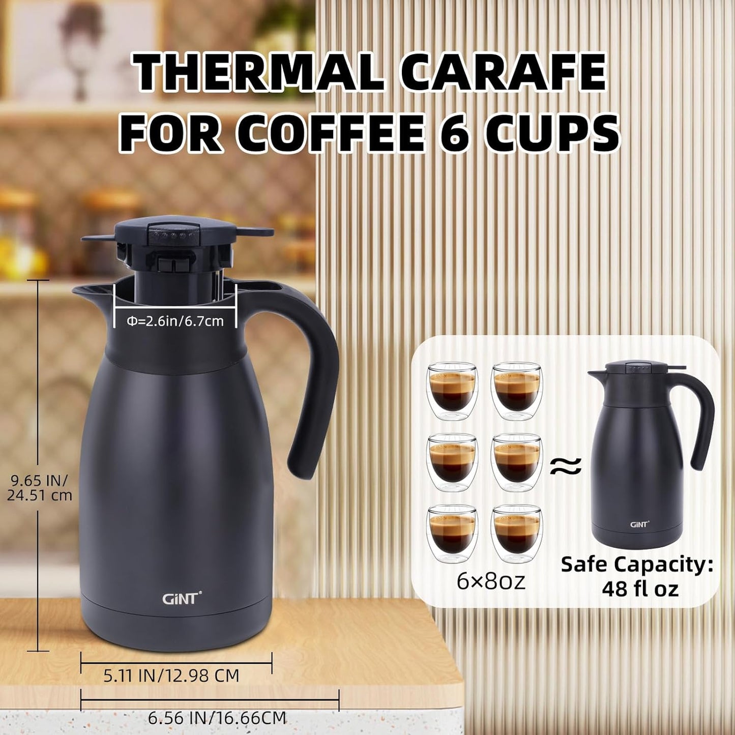 GiNT 51Oz Stainless Steel Thermal Coffee Carafe with Lid/Double Walled Vacuum Thermal Carafe / 12 Hour Heat Retention (Black, 1.5L)