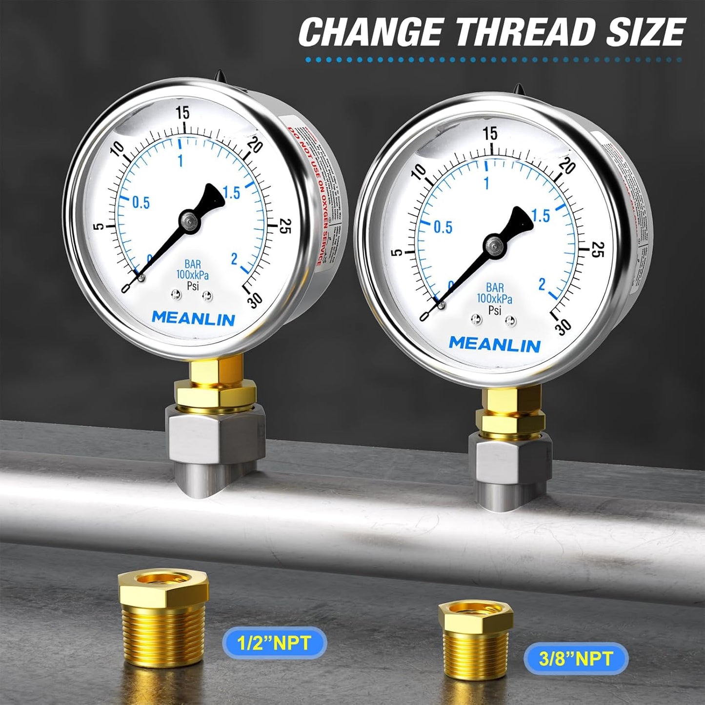 MEANLIN MEASURE 0~30Psi Stainless Steel 1/4" NPT 2.5" FACE DIAL,Liquid Filled Pressure Gauge,WOG Water Oil Air Lower Mount (Pack of 2), with 1/4" x 1/2" NPT and 1/4" x 3/8" NPT Hex Bushing