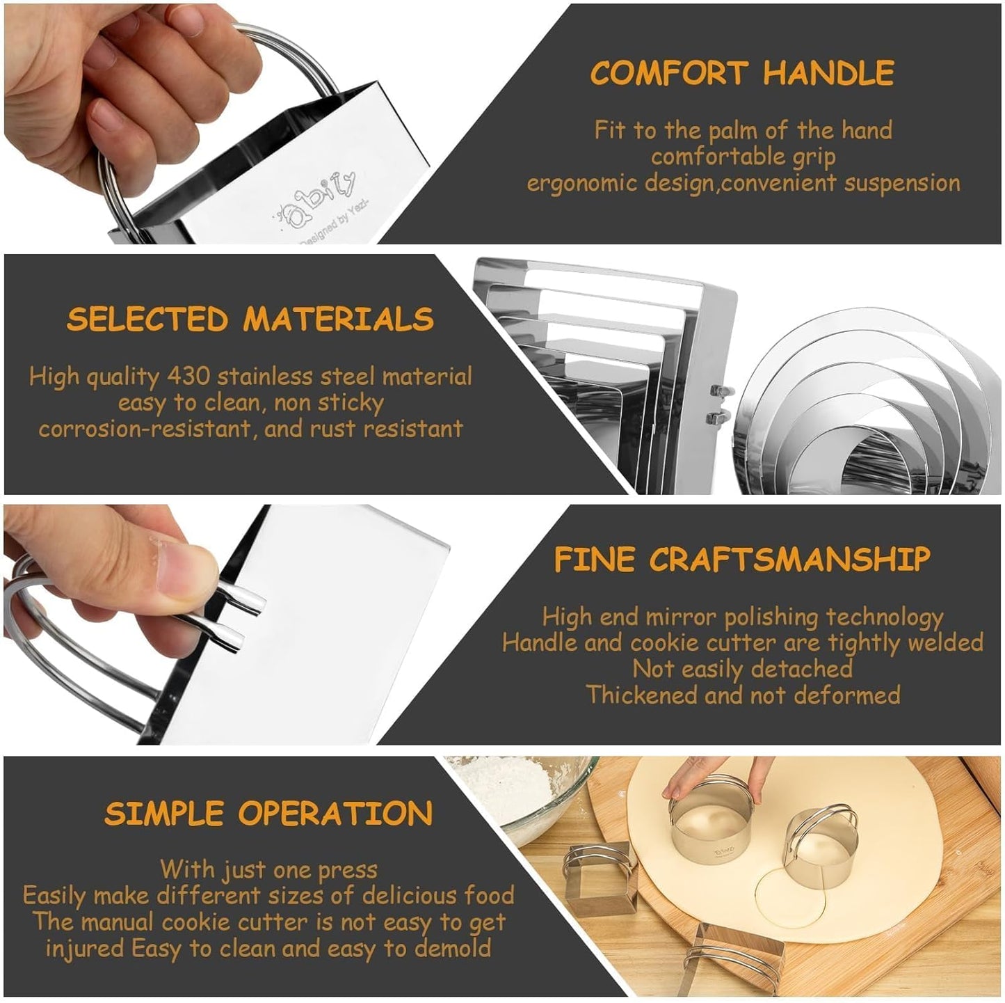 Cookie Biscuit Cutters for Baking Set of 10 pcs, Square and Round Cookie Biscuit Cutters Set with Handle, Small Cookies Biscuits Pastry Brownie Cutter Cake Cutter Tool