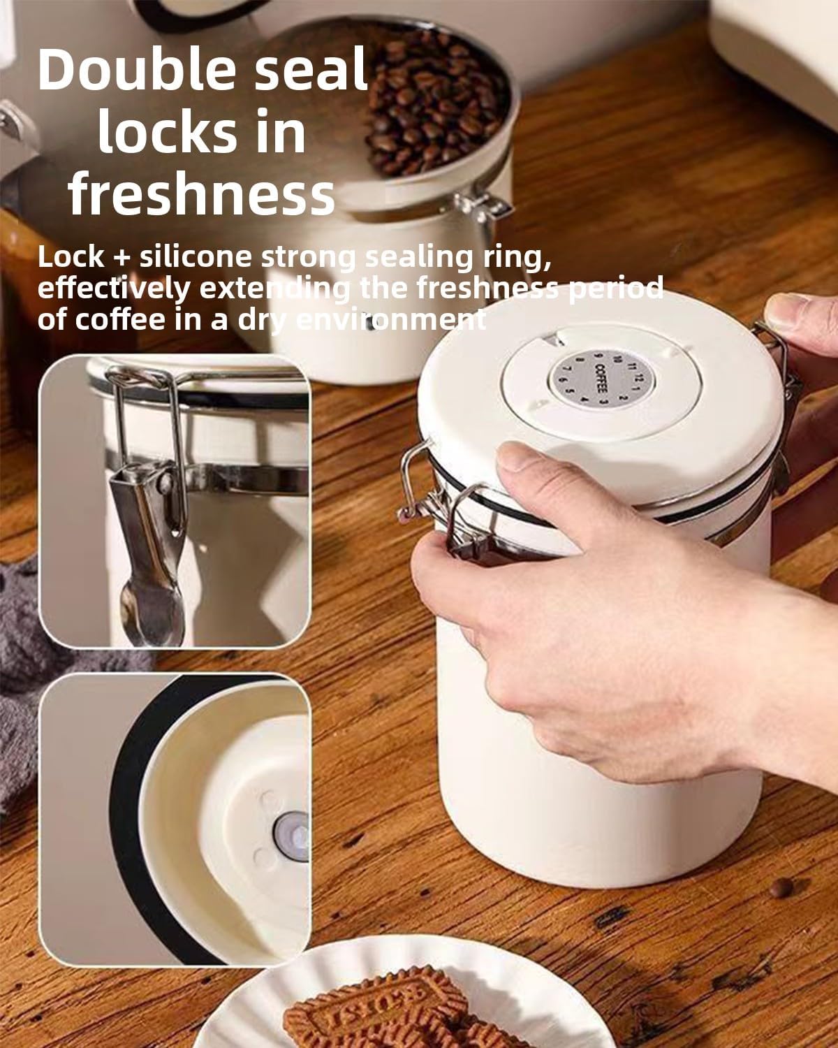 Coffee Canister, Stainless Steel Coffee Bean Storage Container with Date Tracker and Scoop, Kitchen Food Container for Grounds Coffee, Beans, Tea, Flour, Cereal, Sugar, 22OZ (1800ML | Beige)