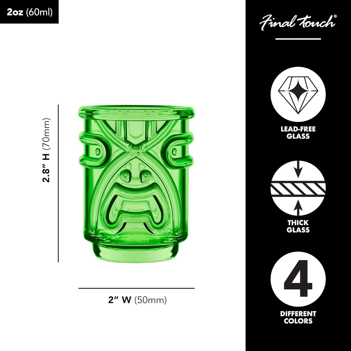 Final Touch Tiki Shot Glasses Set of 4 - Kanaloa, Lono, Kū, Kāne Designs, 2 oz (60 ml), Multicoloured, Stackable Totem Pole Storage, Durable Glassware for Tropical Shots (TK5402)