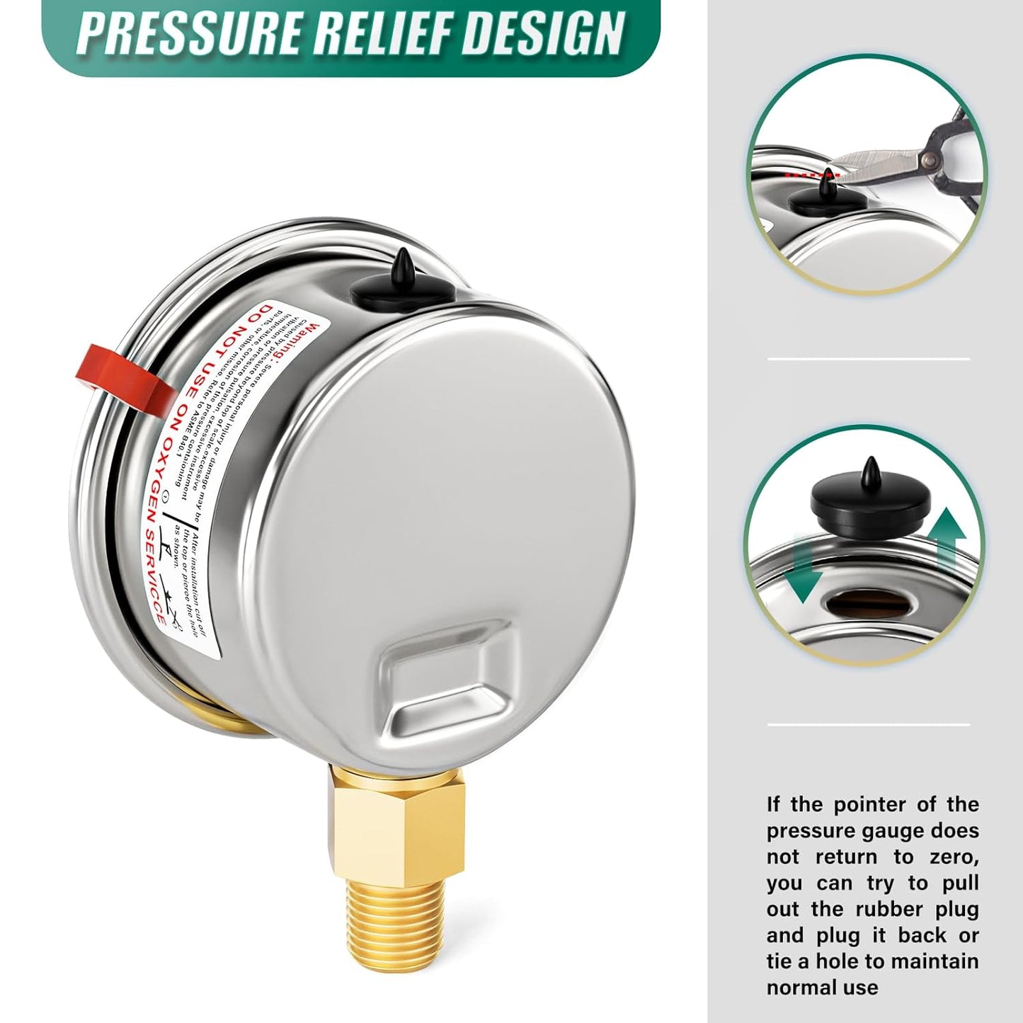 -30inHG~0Psi Stainless Steel Liquid Filled Pressure Gauge, 2.5" Dial Size, 1/8" NPT Lower Mount, for Tube, Water Pump, Gas, Liquid, Pressure Test (with Range Mark Pointer)