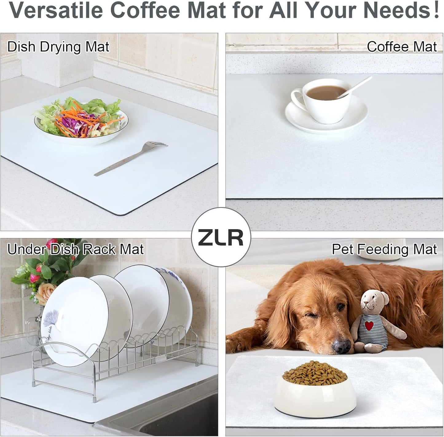 ZLR Coffee Mat - 12" x 16" Small Kitchen Hide Stain Absorbent Dish Drying Mat for Countertop - Easy to Clean Coffee Bar Mat for Espresso Machine and Spill Protection - Milk White