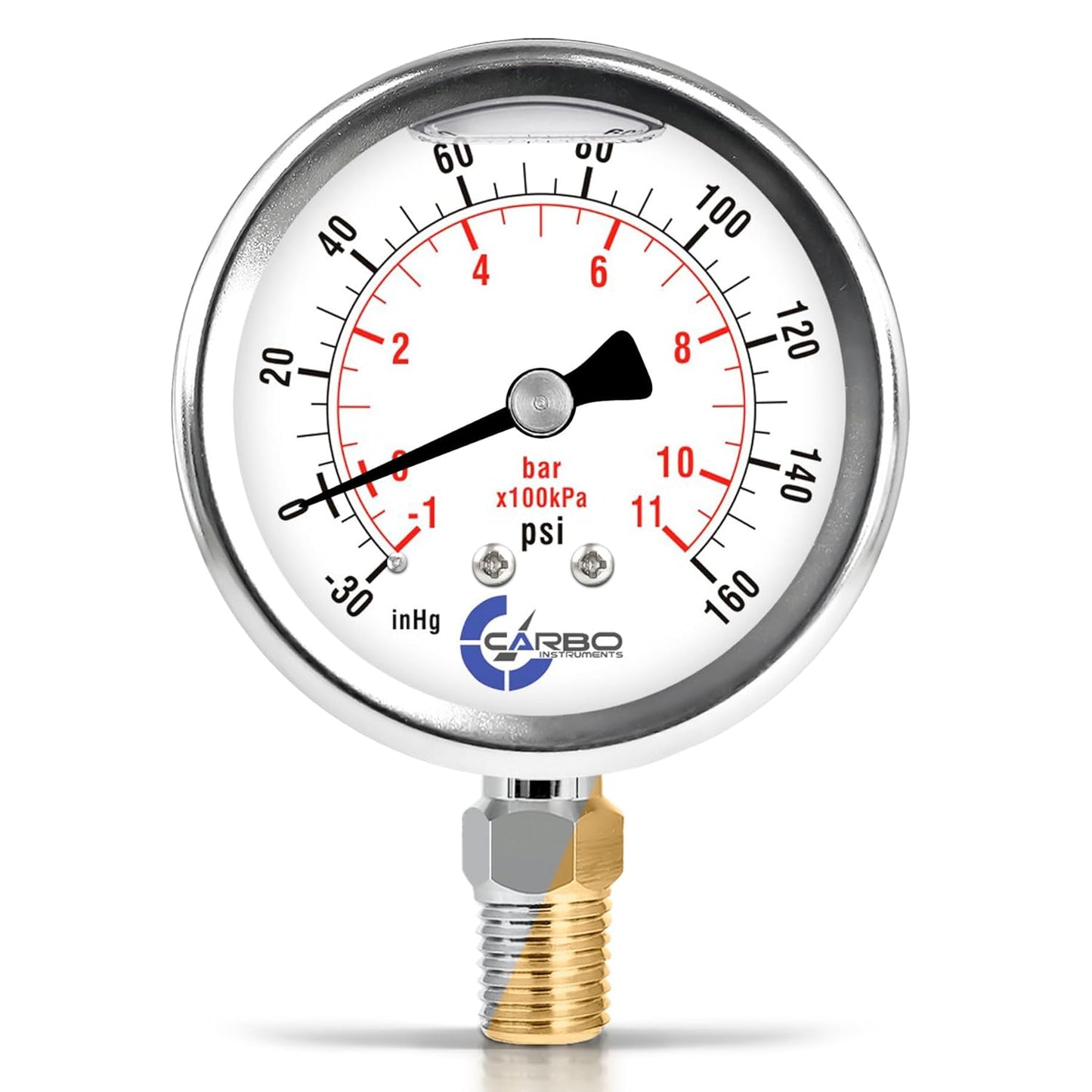 Stainless Steel Pressure Gauge Dual Display (-30 Hg - 0-160 psi/kPa) - 2 1-2" Glycerine Liquid Filled Water Air Oil Gas Gauge with Polycarbonate Lens - Compound Vacuum - 1/4" NPT