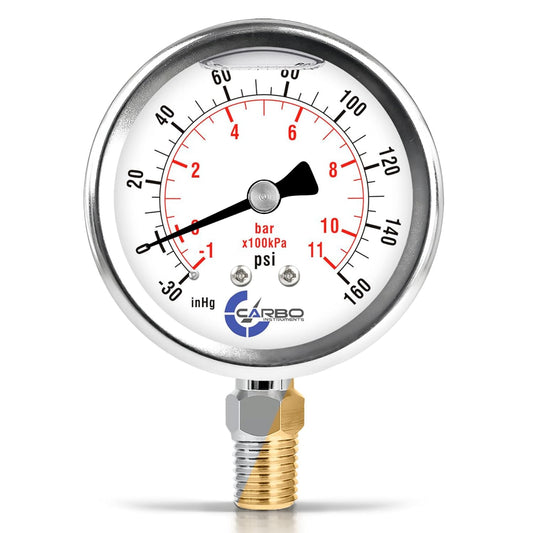 Stainless Steel Pressure Gauge Dual Display (-30 Hg - 0-160 psi/kPa) - 2 1-2" Glycerine Liquid Filled Water Air Oil Gas Gauge with Polycarbonate Lens - Compound Vacuum - 1/4" NPT