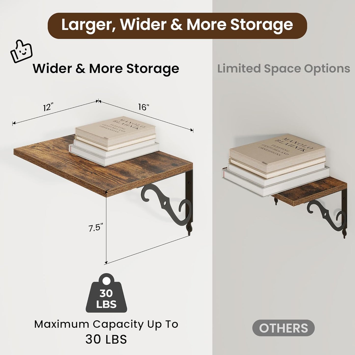 RICHFOCUS 12 Inch Deep Floating Shelves for Wall, 16" W x 12" D Wood Wall Shelves Set of 2, Wide Floating Shelves for Living Room, Bedroom, Kitchen, Bathroom and Decor Storage, Rustic Brown