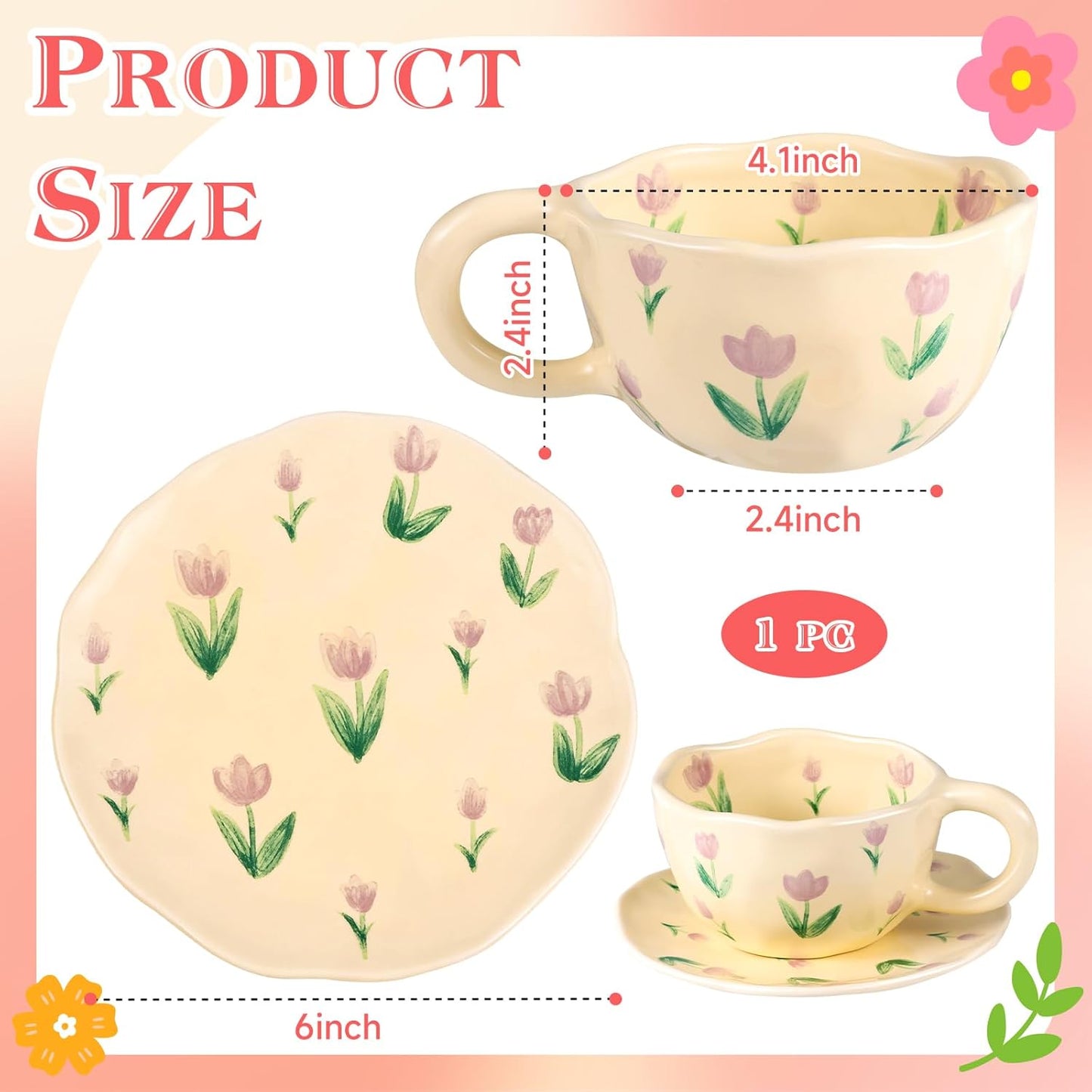 Cappuccino Cups with Saucers 8 oz Latte Art Cup Ceramics Coffee Mugs Irregular Aesthetic Flower Cups for Espresso, Double Shot, Americano, Latte, Tea - Microwave and Dishwasher Safe (Purple Tulips)