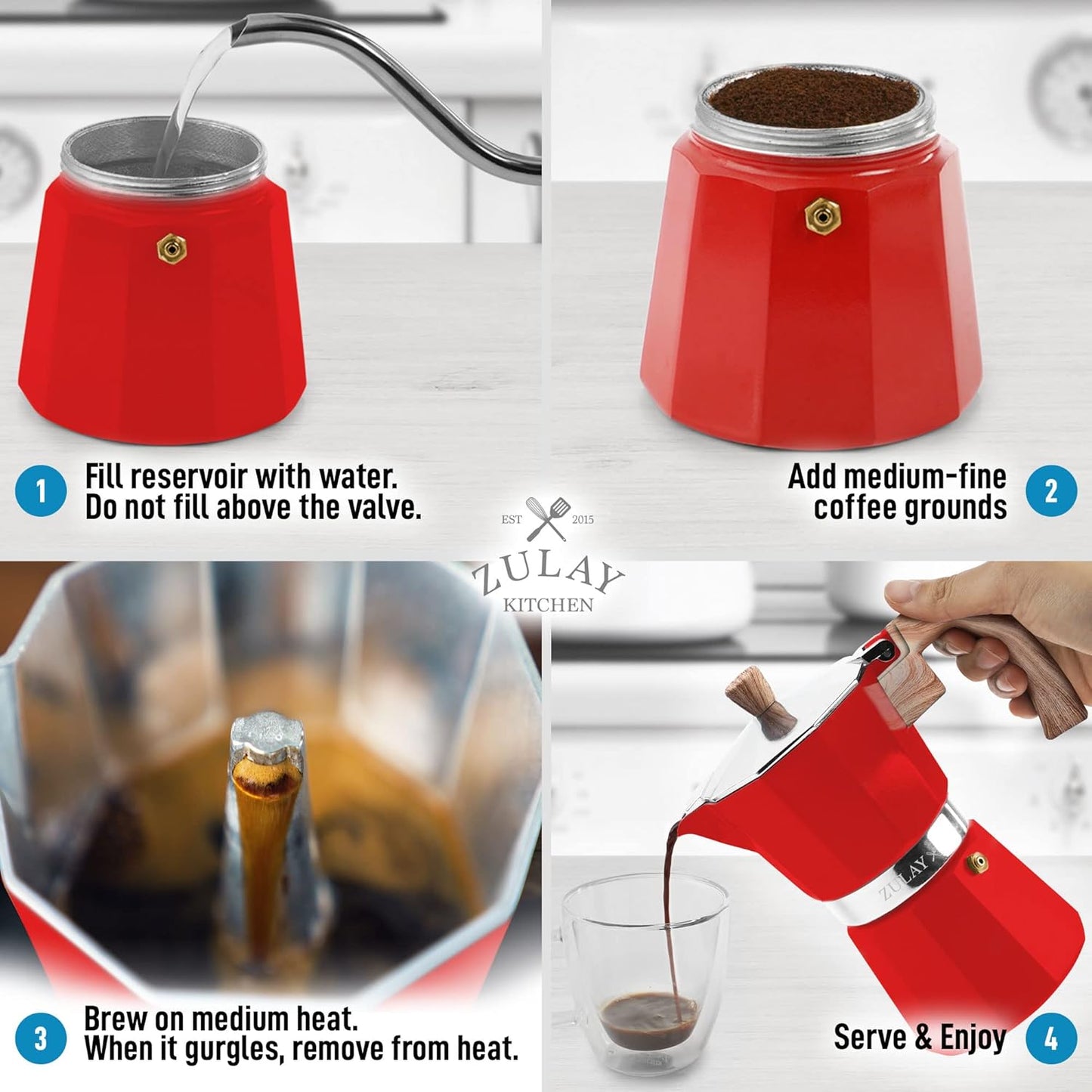 Zulay Kitchen Stovetop Espresso Maker - Moka Pot 6 Espresso Cups - Percolator Coffee Maker for Classic Cuban & Italian Style Espresso - Portable Coffee Maker for Camping & Travel - (Red)