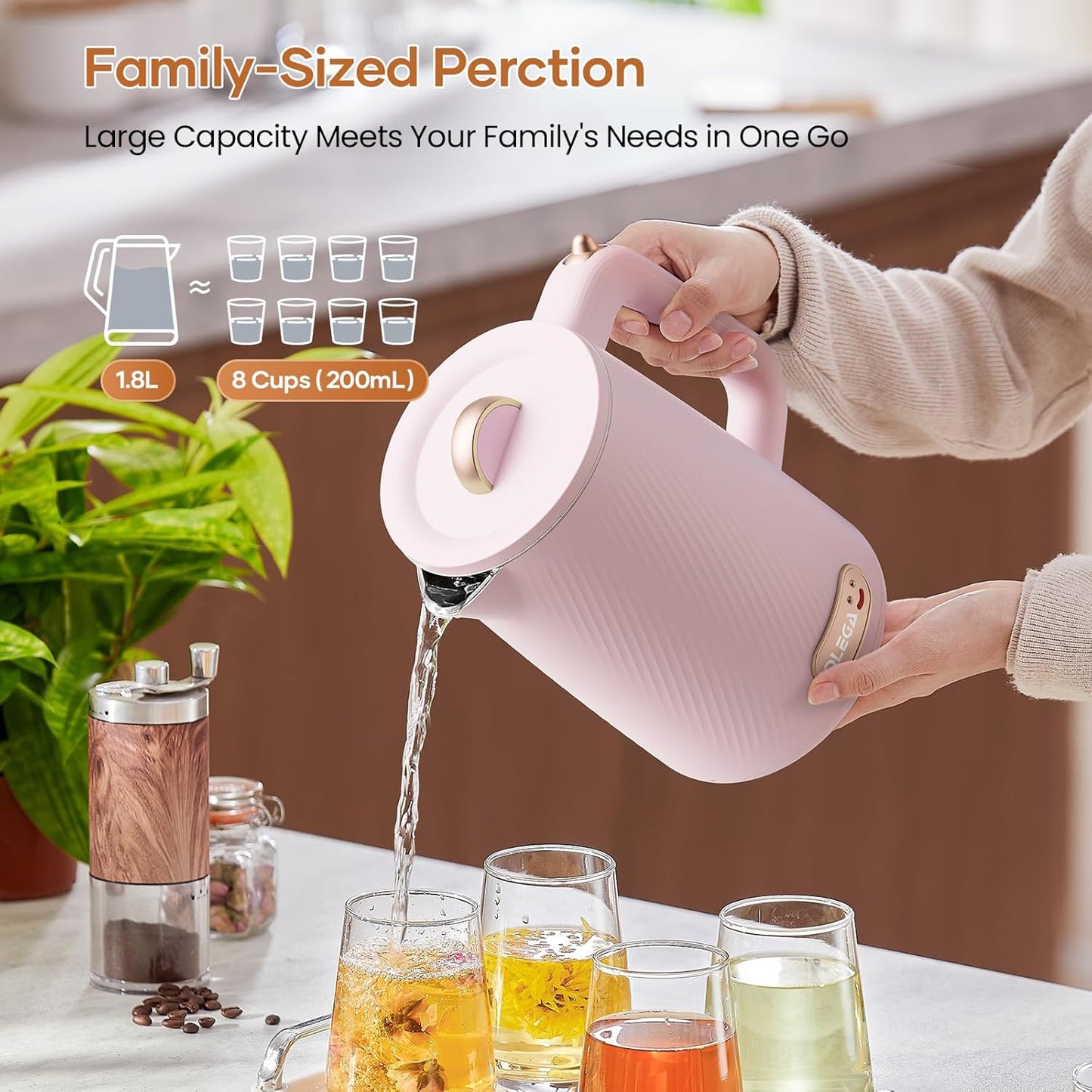 OLEGA Electric Kettle - 1500W Electric Tea Kettle 1.8L Stainless Steel Inner Electric Kettles for Boiling Water Auto Shut Off Boil-Dry Protection Electric Water Kettle for Coffee Tea Pink