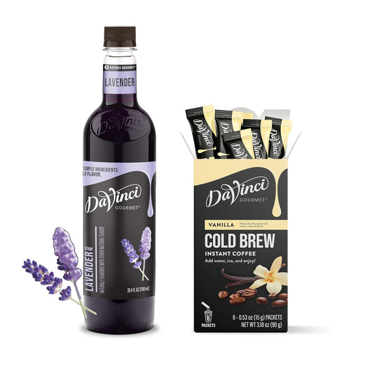 Bundle of DaVinci Gourmet Vanilla Cold Brew Stick Pack, Instant Coffee Powder, 6 Count (Pack of 1) + DaVinci Gourmet Lavender Syrup, 25.4 Fluid Ounces (Pack of 1)