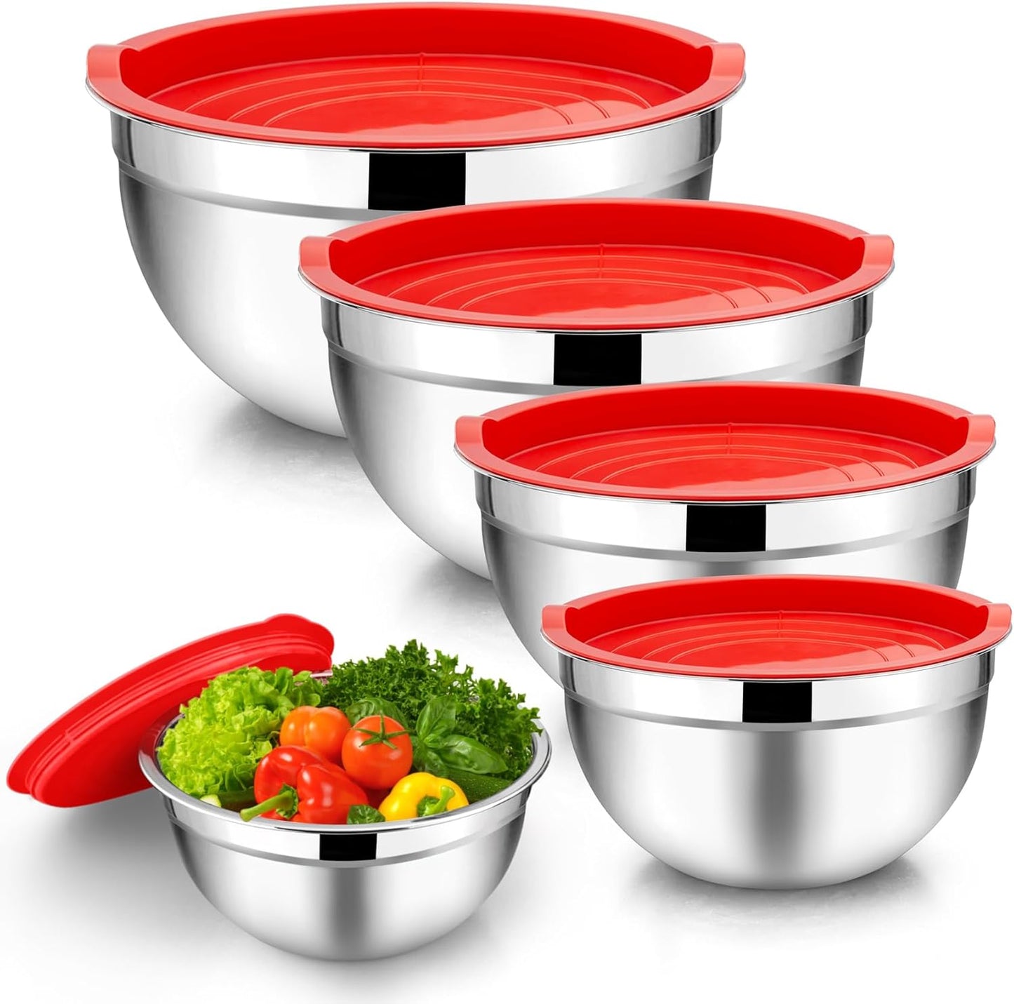 TeamFar Mixing Bowls, 4.5/3/1.5/1/0.7 QT, Stainless Steel Metal Nesting Salad Bowl with Lid Set, Ideal for Mixing Serving, Non-Toxic & Sturdy, Airtight Lid & Easy Clean, Red-Set of 5