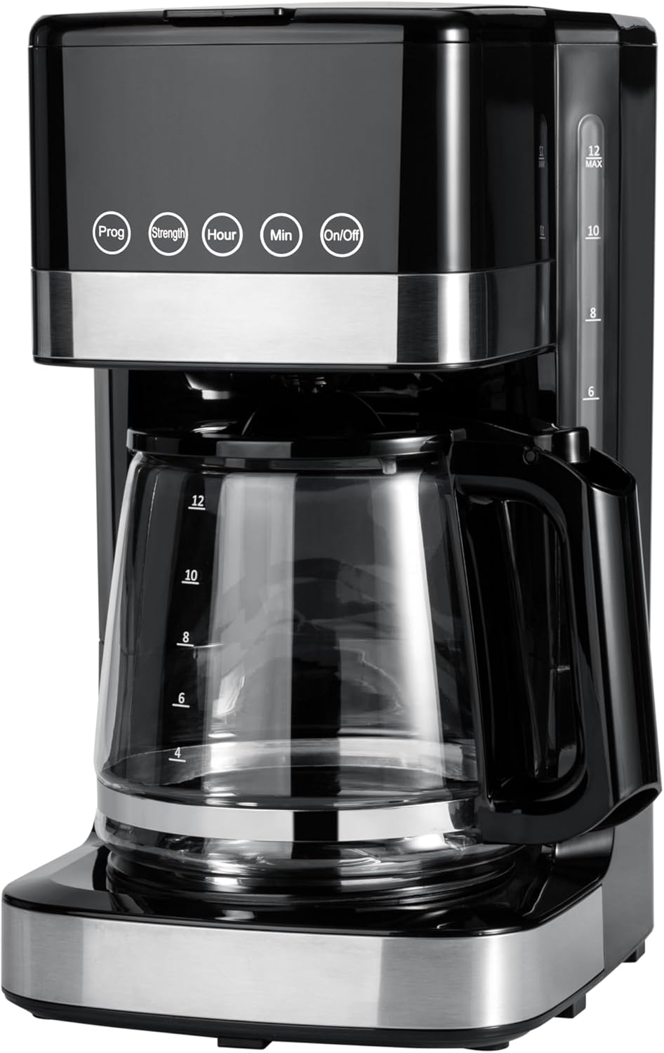 Amazon Basics Programmable 12 Cup Drip Coffee Maker, Coffee Machine with Glass Coffee Pot (1.9 Qt), Auto Shut-off, Touch Screen, Auto Pause, Removable Filter Basket, Black & Silver