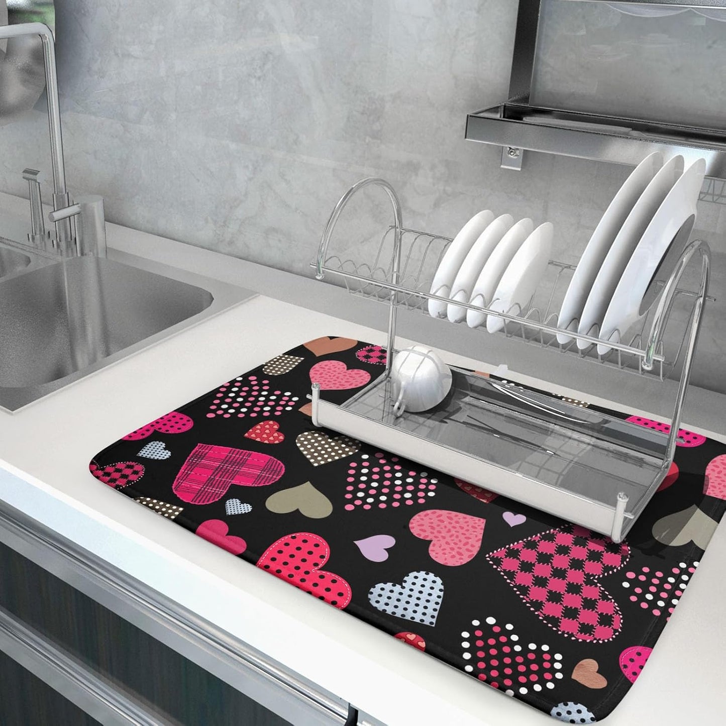 Happy Valentine's Day Black Dish Drying Mat for Kitchen Counter,Pink Love Heart Drying Mat 18 x 24 Inch with High Absorbent Microfiber Drainer Mat for Coffee Bar