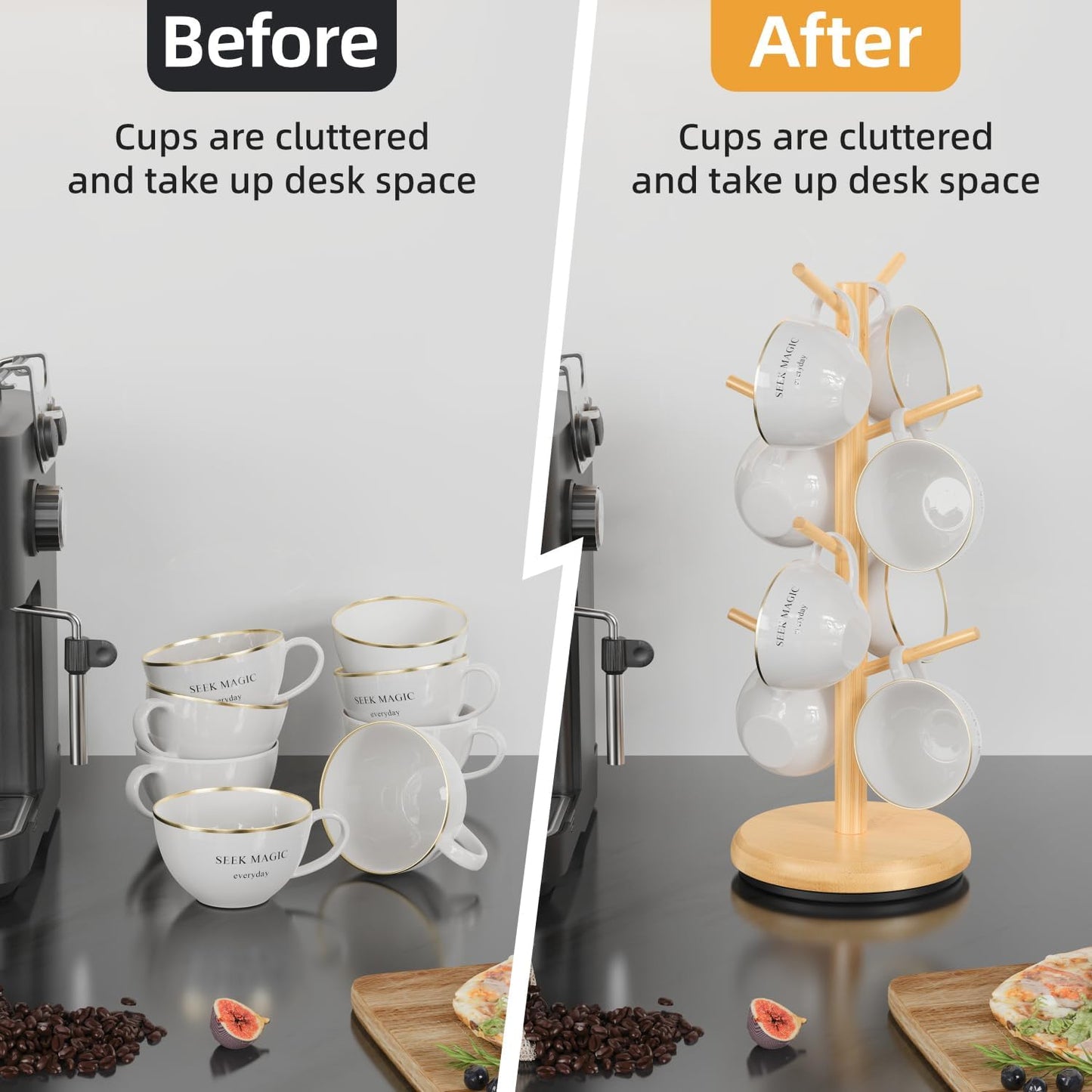 BAMBANG Mug Holder Tree, 360° Rotating 8 Hooks Coffee Cup Holder for Counter Top, Bamboo Coffee Mug Rack Stand for Kitchen Countertop Home, Natural