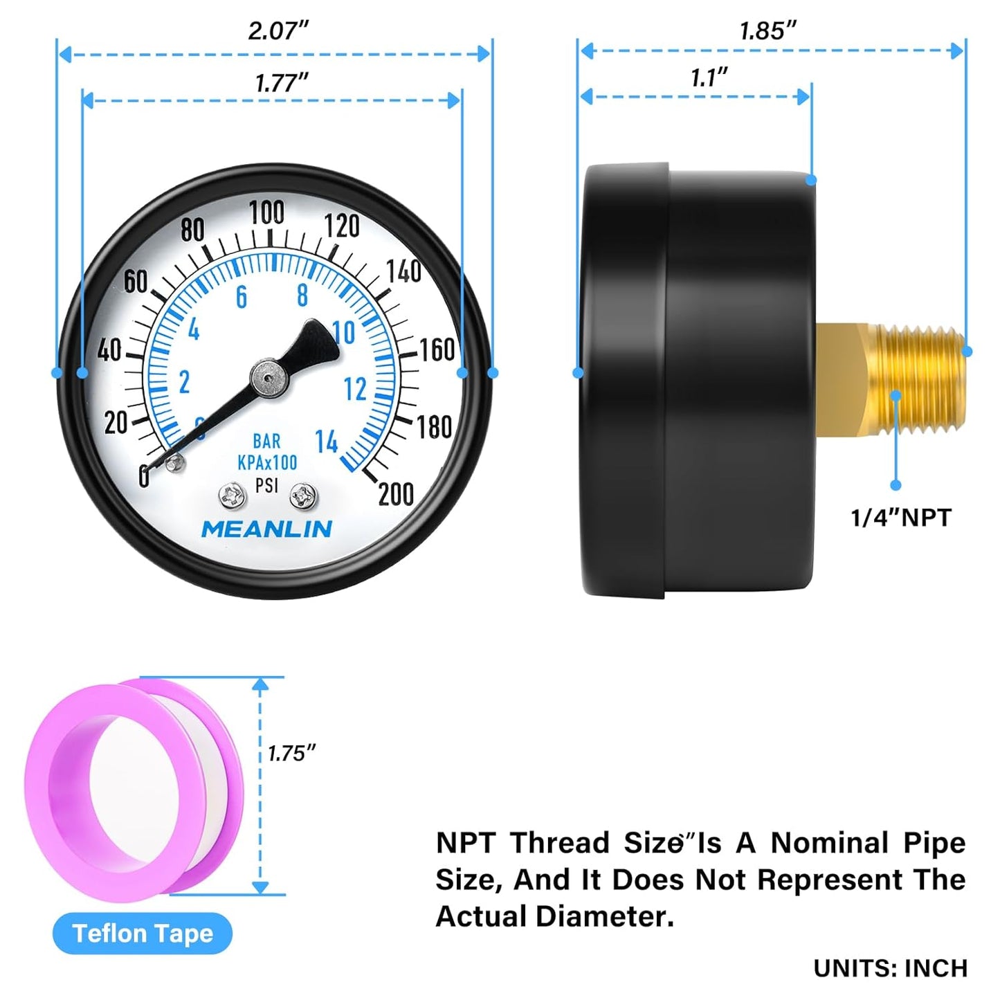 MEANLIN MEASURE 0-200Psi Well Pump Pressure Gauge 1/4" NPT 2" FACE DIAL for Air Compressor Air Regulator Water Filter Back Mount, with Teflon Tape