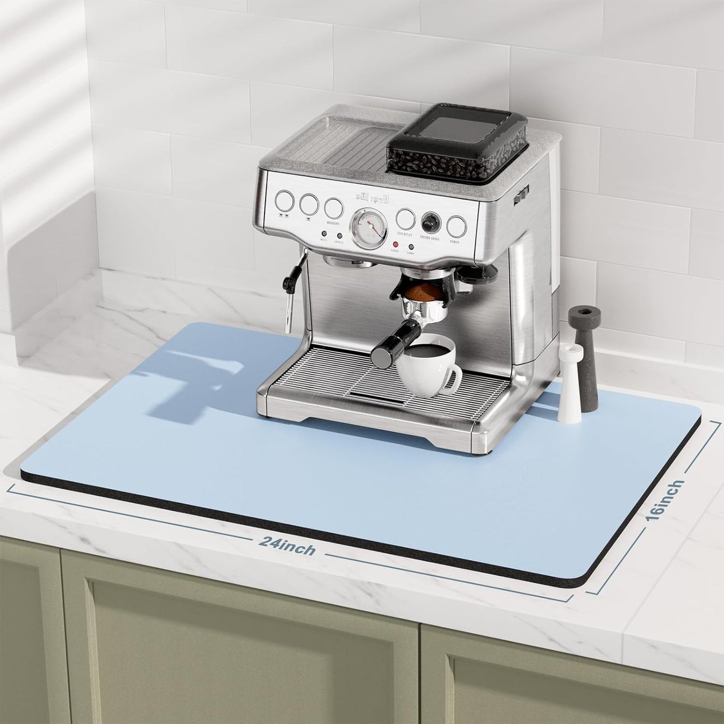 Rnivvi Coffee Mat, 16" x 24" Coffee Bar Mats for Espresso Machine Station Accessories and Organizer, Hide Stain Rubber Backed Absorbent Dish Drying Pad for Kitchen Counter, Cute Bar Decor Pad, Blue