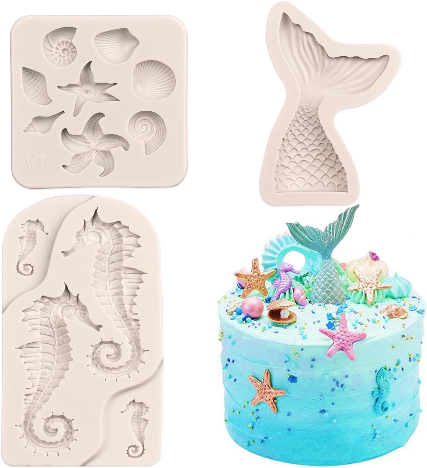 SAKOLLA Mermaid Theme Cake Fondant Mold - Seahorse Seashell Starfish Mermaid Tail Silicone Mold for Cake Decoration, Chocolate, Candy, Polymer Clay, Cupcake Decor, Sugar Craft