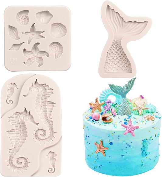 SAKOLLA Mermaid Theme Cake Fondant Mold - Seahorse Seashell Starfish Mermaid Tail Silicone Mold for Cake Decoration, Chocolate, Candy, Polymer Clay, Cupcake Decor, Sugar Craft