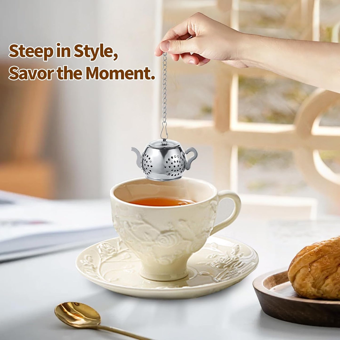 2-Pack Premium Tea Infusers with Spoon – 304 Stainless Steel Loose Leaf Tea Strainer & Steeper – Teapot Design for a Thoughtful Brewing Journey