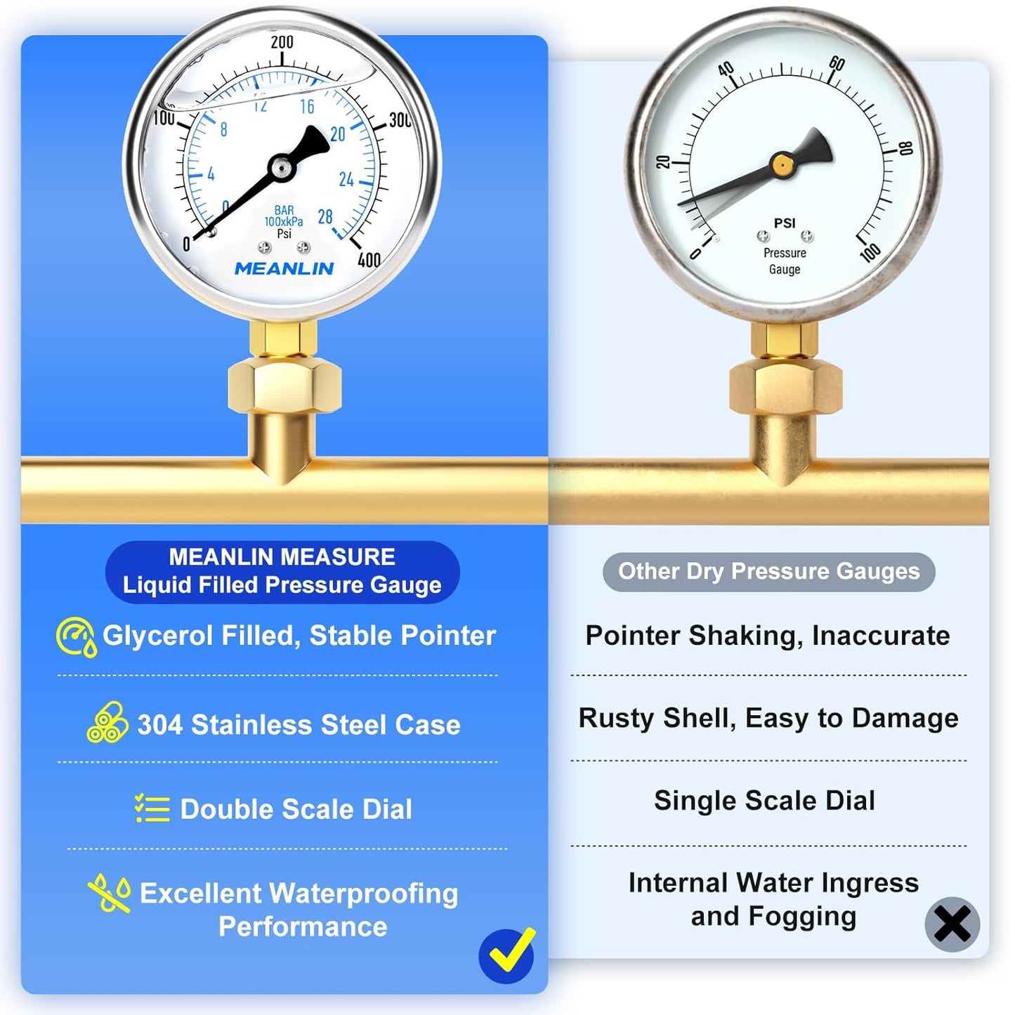 MEANLIN MEASURE 0~400Psi Stainless Steel 1/4" NPT 2.5" FACE DIAL Liquid Filled Pressure Gauge WOG Water Oil Air Lower Mount, with 1/4" x 1/2" NPT and 1/4" x 3/8" NPT Hex Bushing