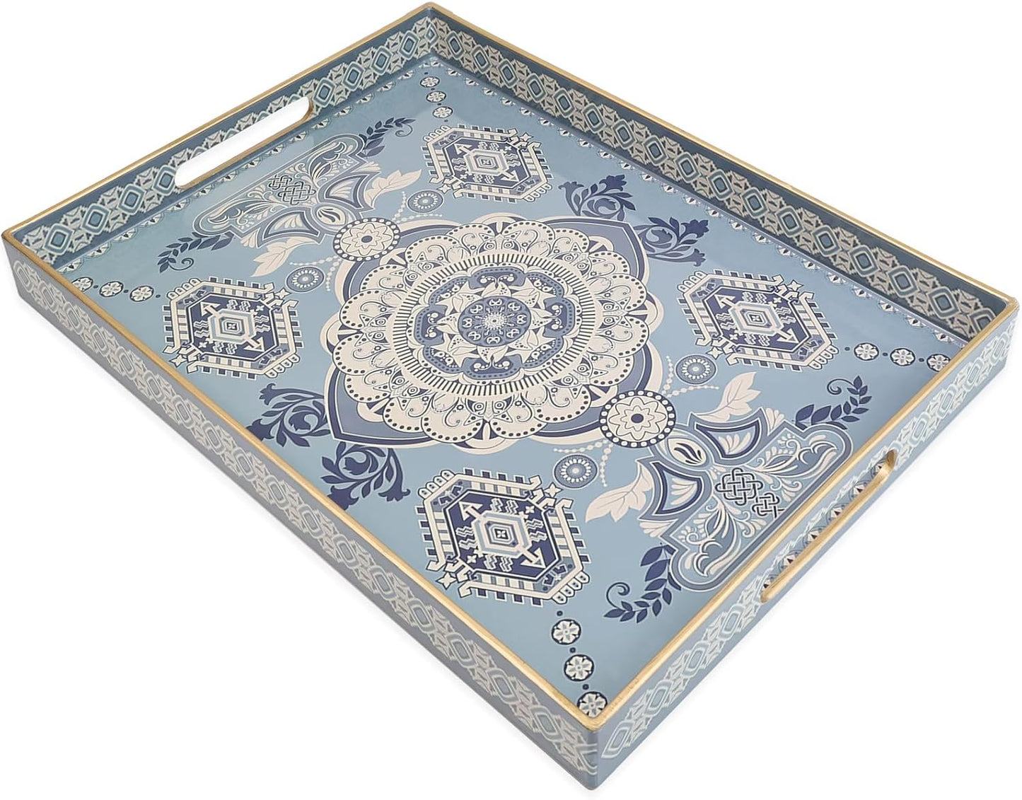 Rectangle Plastic Serving Tray with Handles, Elegant Decorative Tray for Coffee Table, Ottoman, Living Room, Kitchen, Outdoor Use. 12"*16"*1.6" B