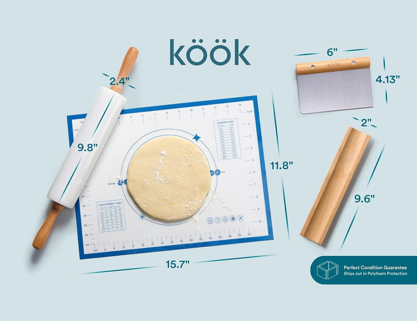 Kook Marble Rolling Pin Set, 18 Inch Rolling Pin with Beechwood Handles, Wooden Holder, Metal Scraper, Silicone Mat, Nonstick, for Baking Pizza Dough, Pastries, Tortillas