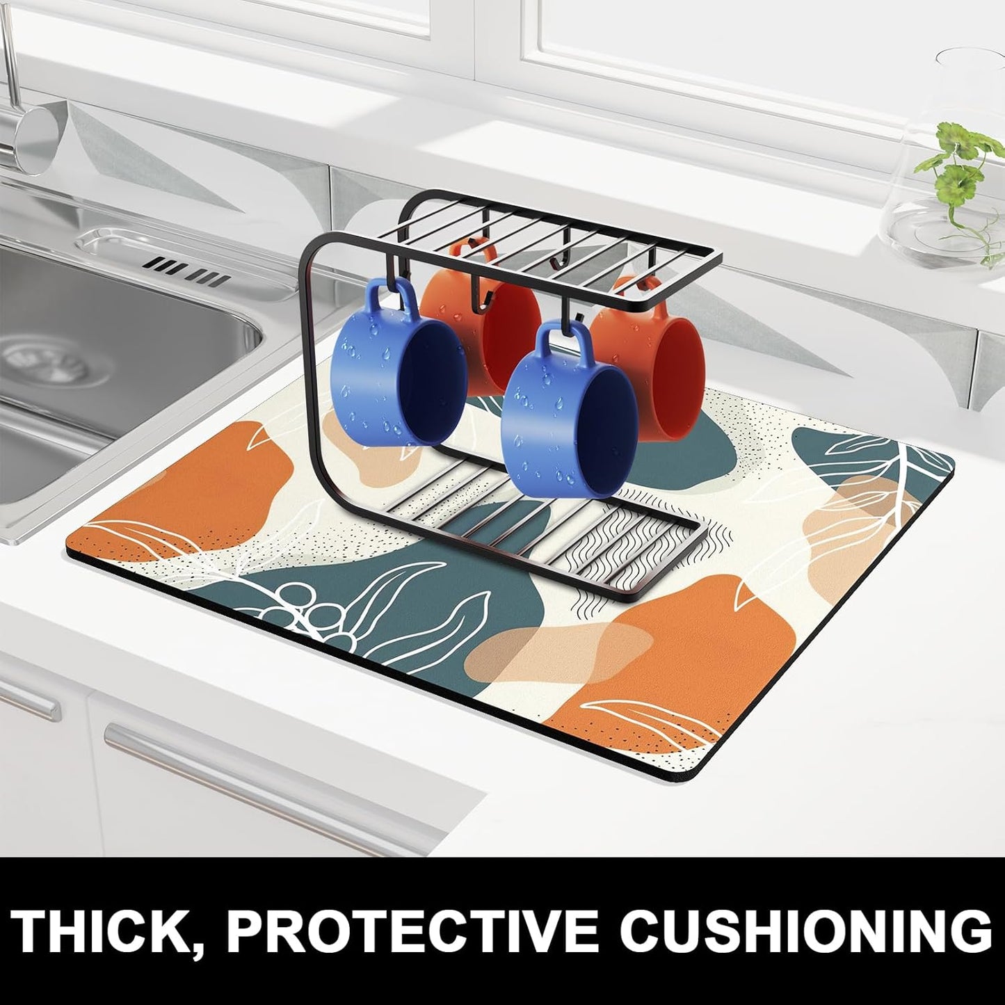 Rnivvi Dish Drying Mat for Kitchen Counter, 16 x 18" Cute Boho Theme Absorbent Heat Resistant Drying Pad with Non-slip Rubber, Coffee Bar Mats for Coffee Machine Dish Rack, Abstract Leaves