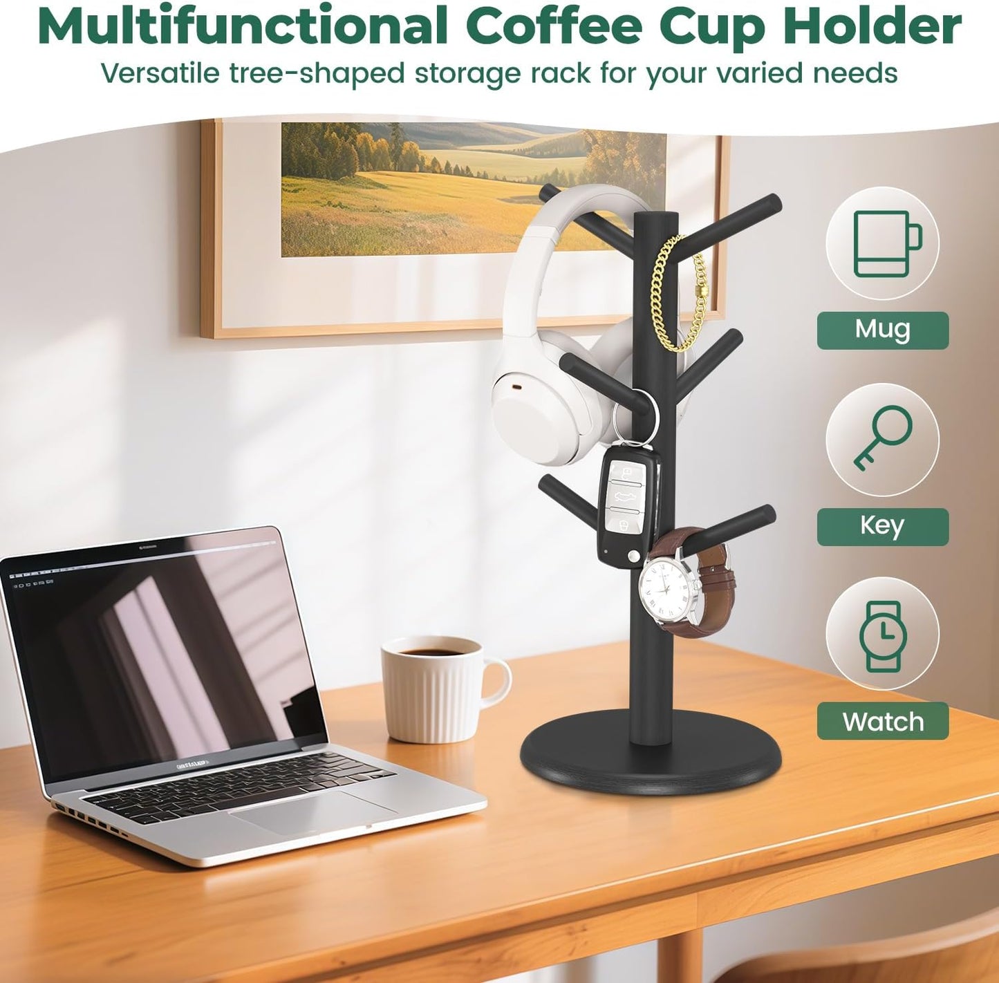 EsLuker.ly Mug Holder Tree, Bamboo Coffee Cup Display Rack with 6 Hooks for Home Kitchen Counter, Wood Mug Stand Station Organizer, Black, A Must-Have for Coffee Lover