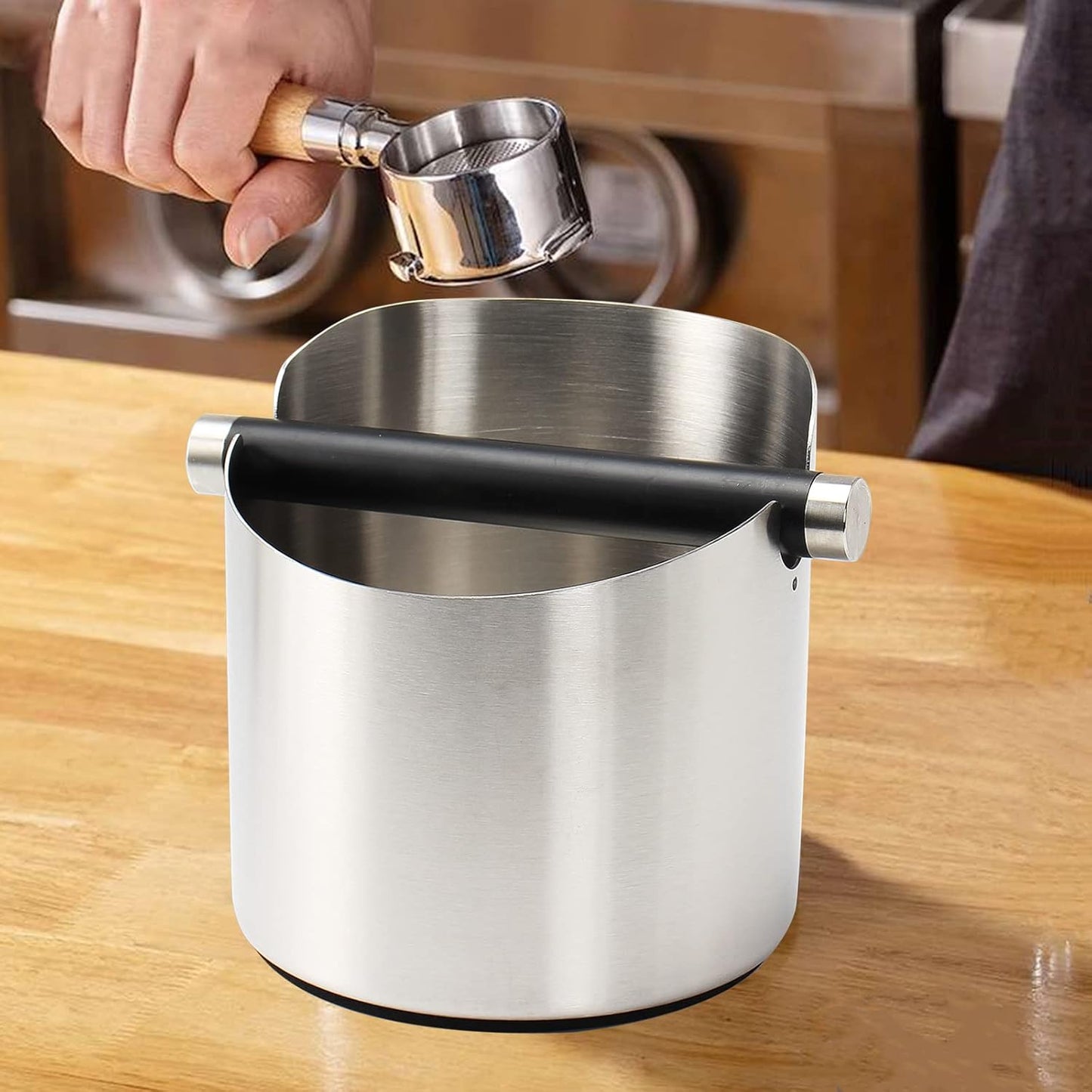Coffee Knock Box, Espresso Knock Box Stainless Steel Espresso Machine Accessories with Removable Knock Bar and Non-Slip Base Coffee Grounds Container Bin, Large (Silver)