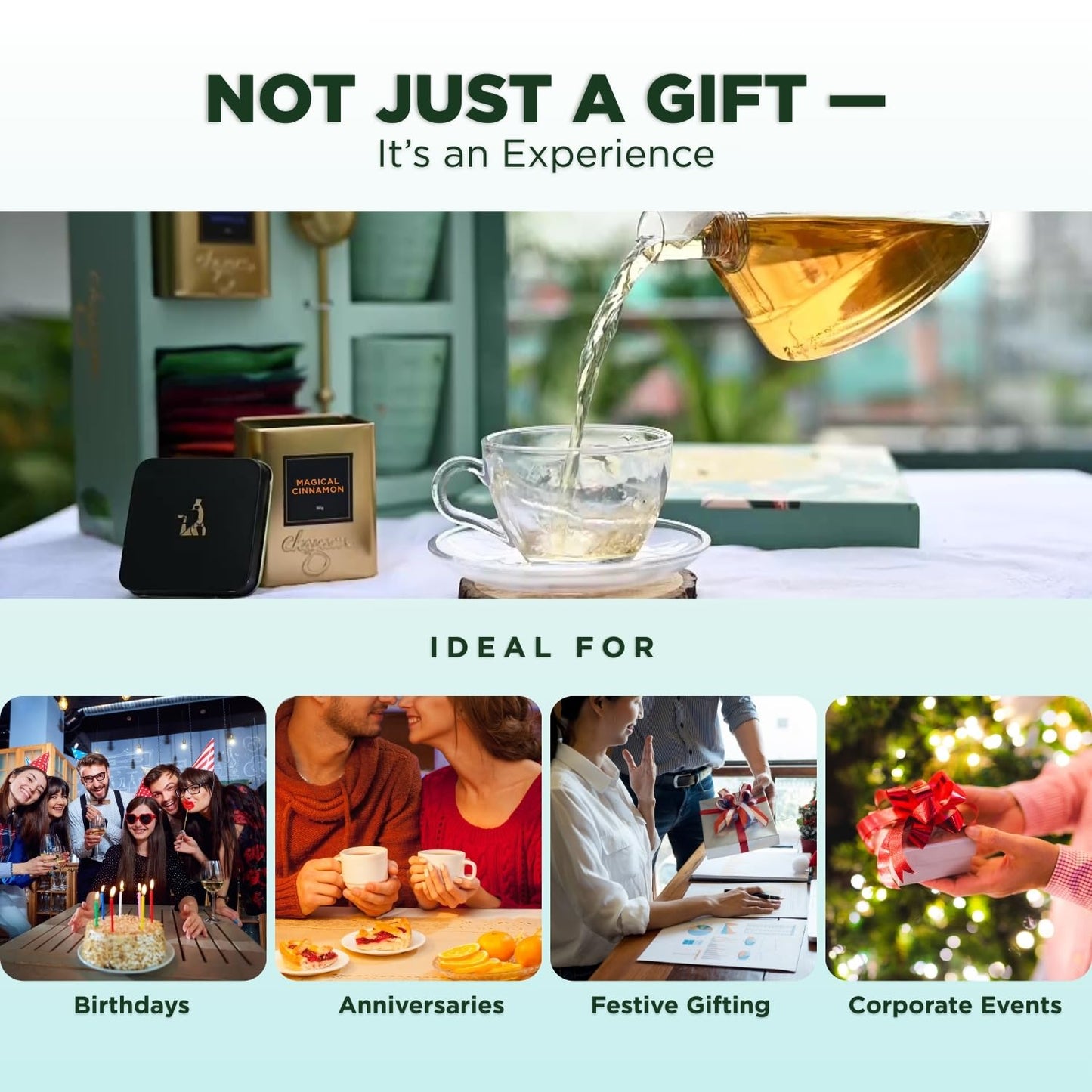 CHAYAM Luxury Tea Gift Set |10 Assorted Tea Bags, Magical Cinnamon 50g, 2 Cups & Brass Strainer | Assorted Gift Box Hamper