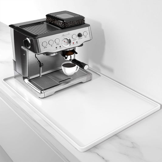 Rnivvi Silicone Coffee Mat, 16" x 24" Waterproof Raised Edge Coffee Bar Mats for Espresso Machine Station Accessories, Heat Resistant Dish Drying Pad for Kitchen Counter, Rubber Bar Decor Pad, White