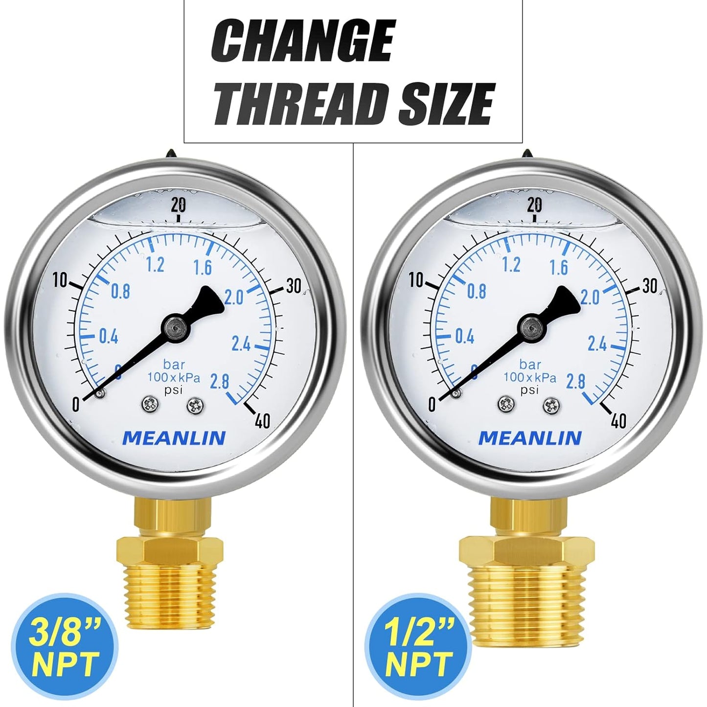 MEANLIN MEASURE 0~40Psi Stainless Steel 1/4" NPT 2.5" FACE DIAL Liquid Filled Pressure Gauge WOG Water Oil Air Lower Mount, with 1/2" NPT and 3/8" NPT Hex Bushing