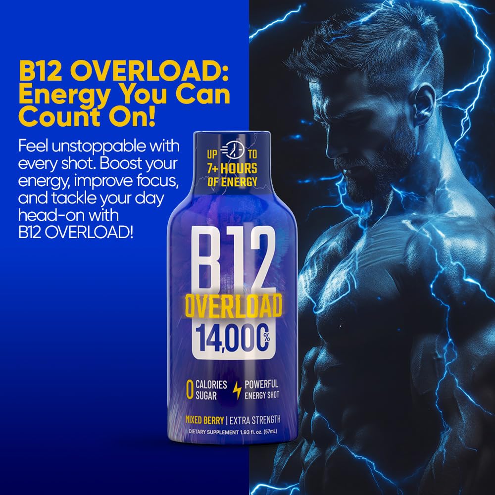 B12 Overload Extra Strength Energy Shot – Mixed Berry – 260mg Caffeine, 14000% B12, Electrolytes – Energy & Vitality Support – Zero Sugar No Calories – Vegan, Kosher, Gluten-Free – 1.93 fl oz, 12-Pack