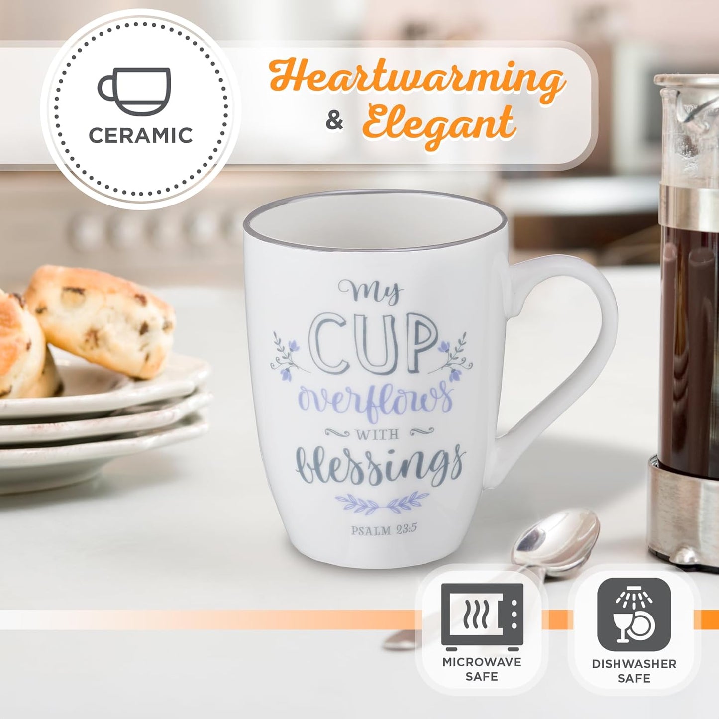 Christian Art Gifts Microwave & Dishwasher Safe Inspirational Scripture Mug for Women: Cup Overflows with Blessings Encouraging Bible Verse Psalm Novelty Drinkware, White & Leafy Purple Floral, 12 oz.