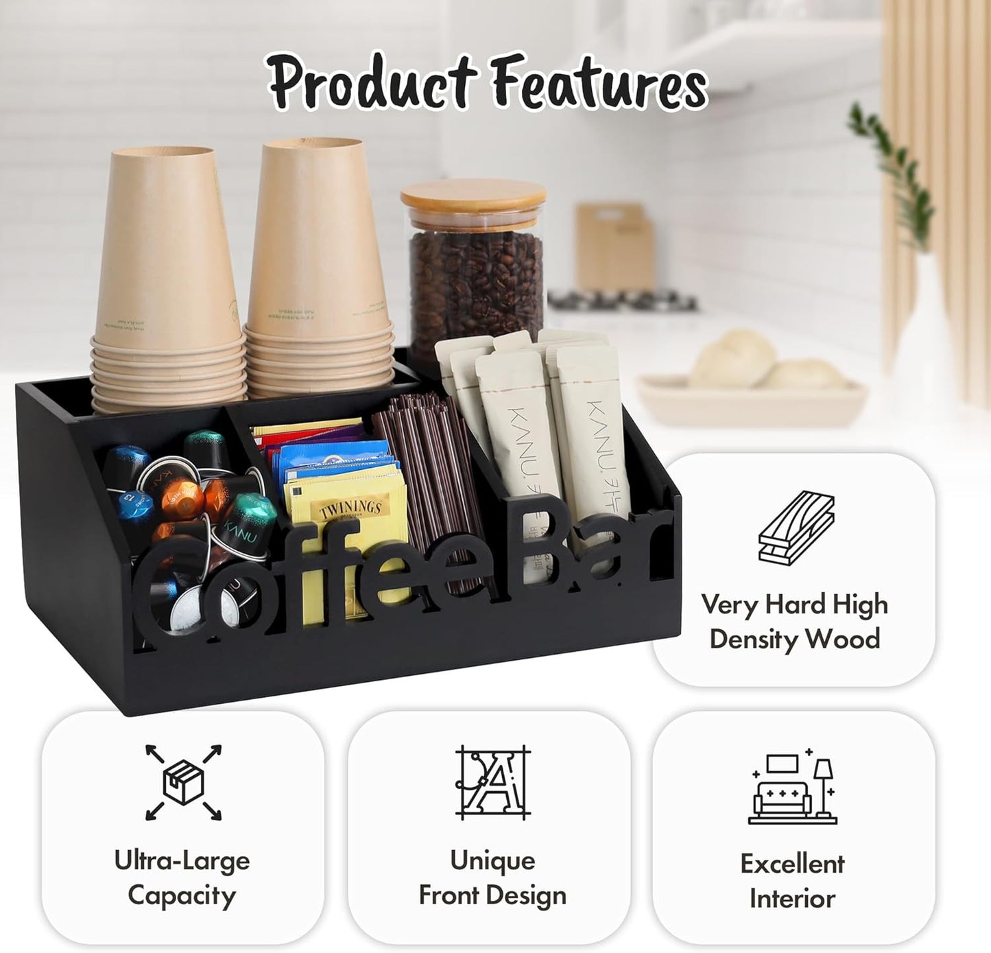 Coffee Bar Organizer for Countertop – Wooden Coffee and Tea Station Caddy with Tray for Pods, Cups, Condiments, and Accessories – Kitchen or Office Counter Storage (Medium Size -Black)