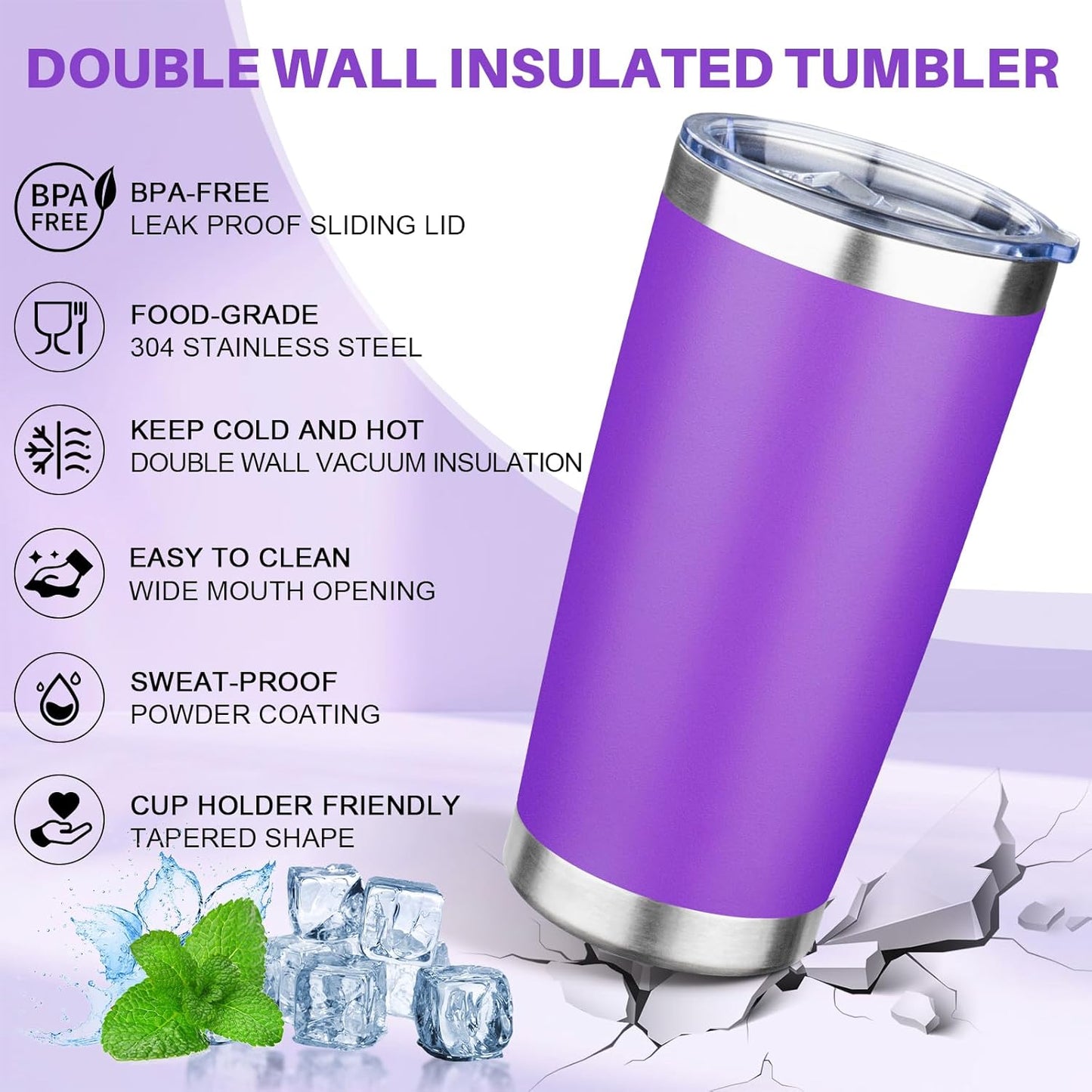 20oz Tumbler with Lid Double Wall Vacuum Insulated Travel Coffee Mug Stainless Steel Thermal Cup Powder Coated Sturdy Coffee Tumbler Bulk for Hot and Cold Beverages(Purple-Blue-Lavender-Yellow,4)