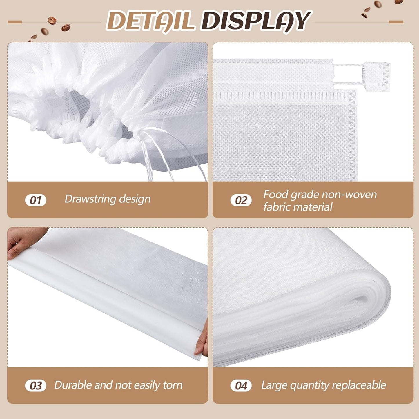 50 Pcs 20" x 20" Commercial Home Cold Brew Coffee Filter Bags with Drawstring, Disposable for Commercial Home Cold Brew Coffee Makers