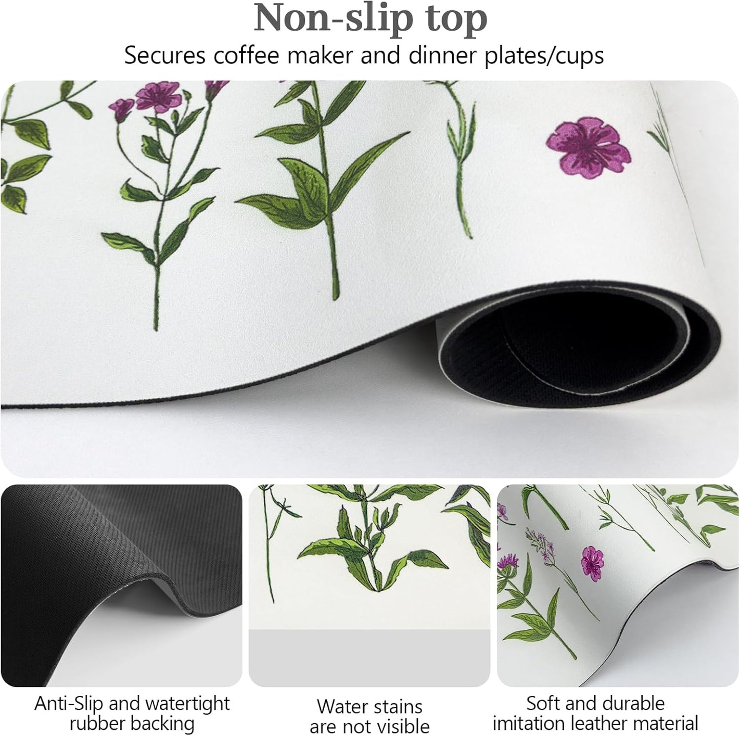 Bloss Kitchen Mat, Coffee Mat 12"x19", Coffee Bar/Maker Mat, Kitchen Counter Mats, Absorbent Hide Stain Rubber Backed Dish Drying Pad(, Flowers and Leaves)