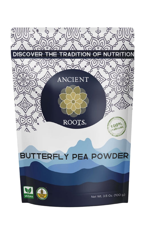 Ancient Roots Blue Butterfly Tea Natural Food Coloring Baking Powder, Flavoring Powder Filled with Antioxidants Blue Matcha Tea Easy to Mix Smoothie - 25 Servings (3.5 Ounces)