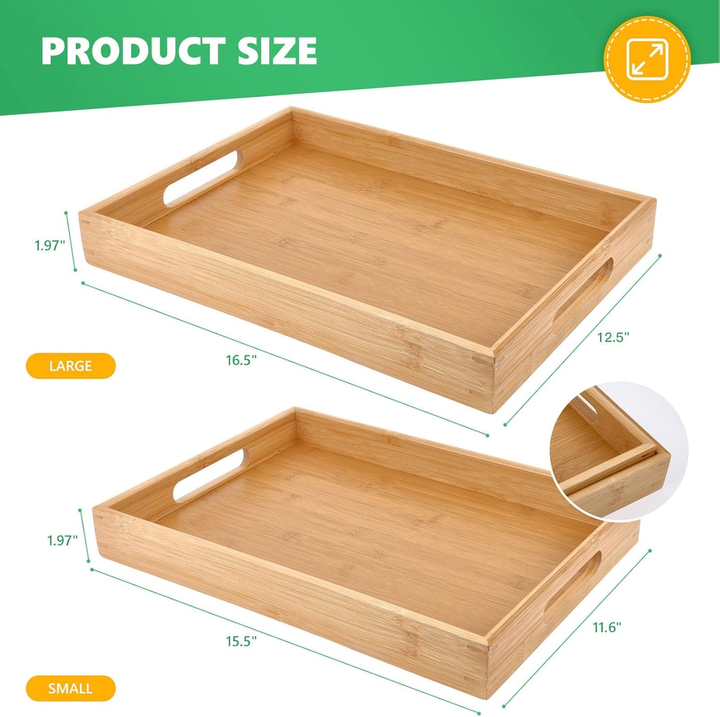 Bamboo Dinner Food Trays for Eating On Couch Party Platters for Serving Food Decorative Tray for Kitchen Counter Rectangle(16.5" Lx11.6''W and 15.5''Lx10.6''W)