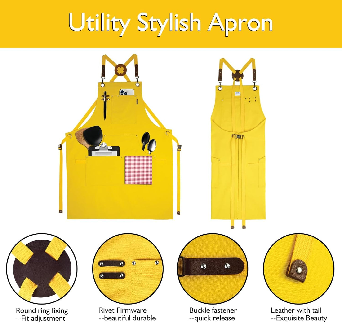 5 Pack Kitchen Apron, Work Apron, Canvas, Multiple Pockets, Gardening, Painting, BBQ, Artist, Carpenter, Sizes M to XXL, Yellow