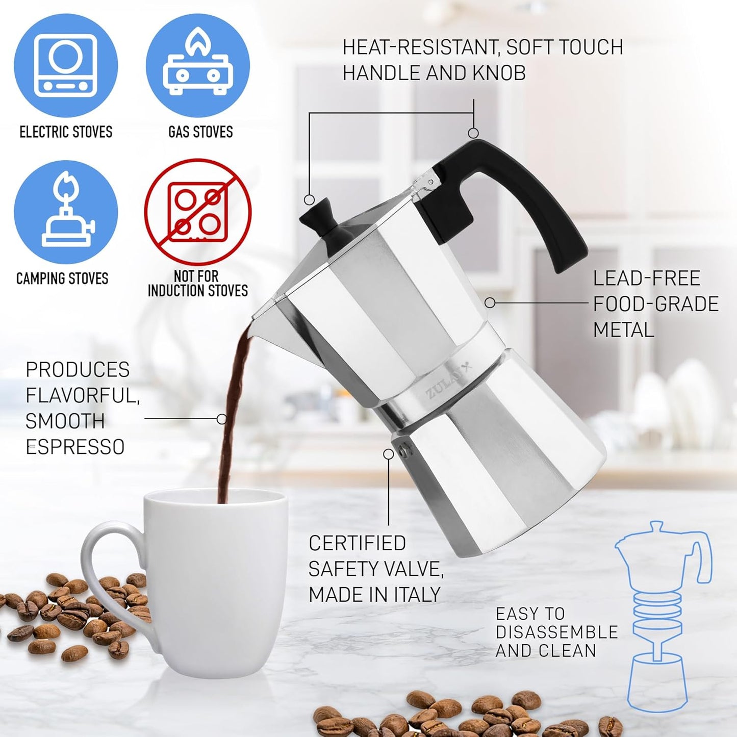 Zulay Moka Pot Espresso Stovetop Coffee Maker - Leak-Proof, Stainless Steel, Easy to Clean, Heat Resistant Handle & Knob - Makes 3 Espresso Cups - Silver