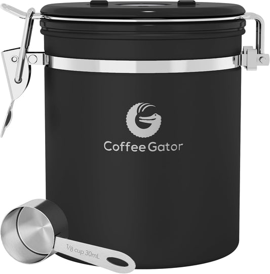 Coffee Gator Coffee Canister, 16oz Airtight Stainless Steel Kitchen Food Storage Container with Date Tracker, CO2-Release Valve and Scoop for Sugar, Beans, Tea, Sugar, Cereal, Cookies Jars - Black