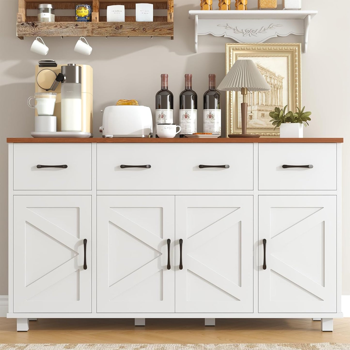 55" Sideboard Buffet Cabinet with Storage, Coffee Bar Cabinet with 3 Drawers and 4 Barn Doors, Long Storage Cabinet Modern Farmhouse, White Wood, for Kitchen, Dining Room, Living Room