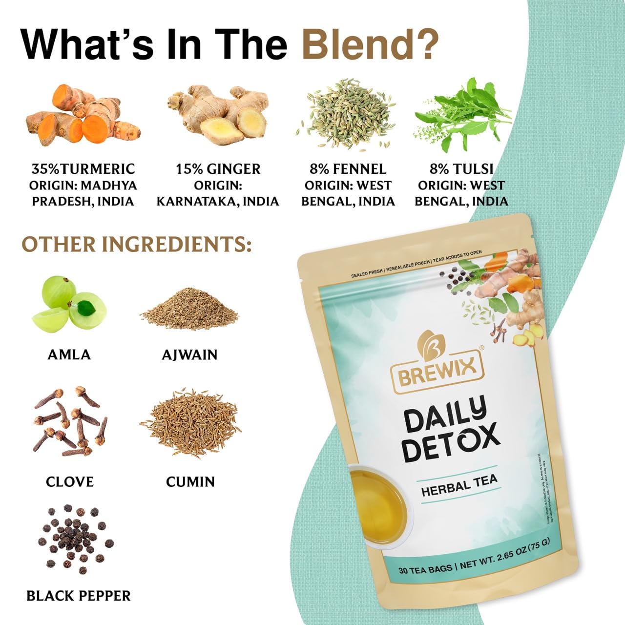 BREWIX, Ayurvedic Detox Herbal Tea Bags (30 Pyramid Tea Bags) Caffeine-Free Herbal Tea | Cleansing Formula with Traditional Ayurvedic Herbs | Supports Digestion, Balance & Daily Vitality