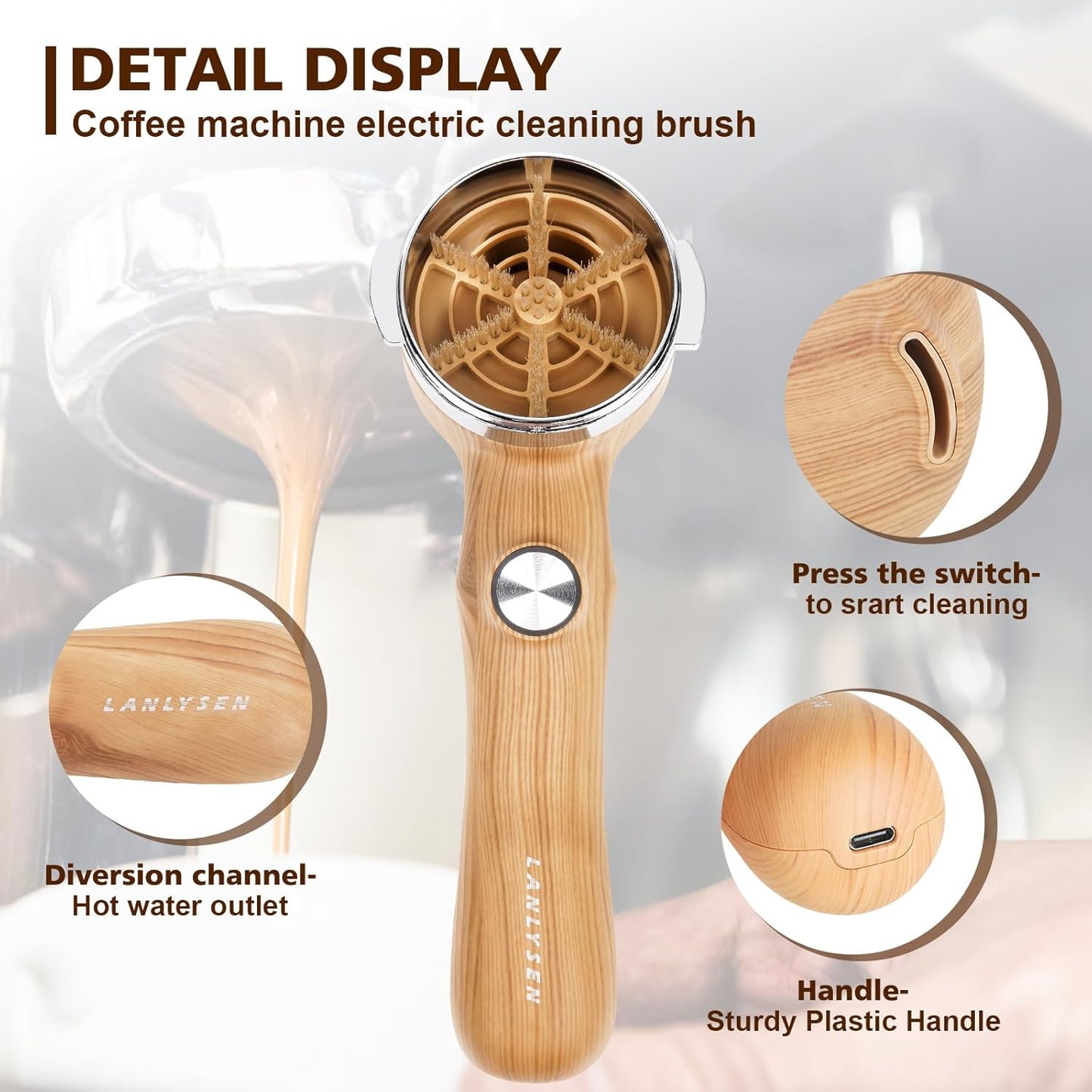 58mm Espresso Coffee Machine Cleaning Brush Wood Grain Color Espresso Machine Electric Cleaning Brush 360°Totally Enclosed for E61, Flair 58, ECM, Rocket, Sanremo, Synesso, Slayer, VBM